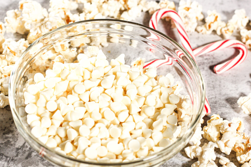 ingredients for white chocolate peppermint popcorn