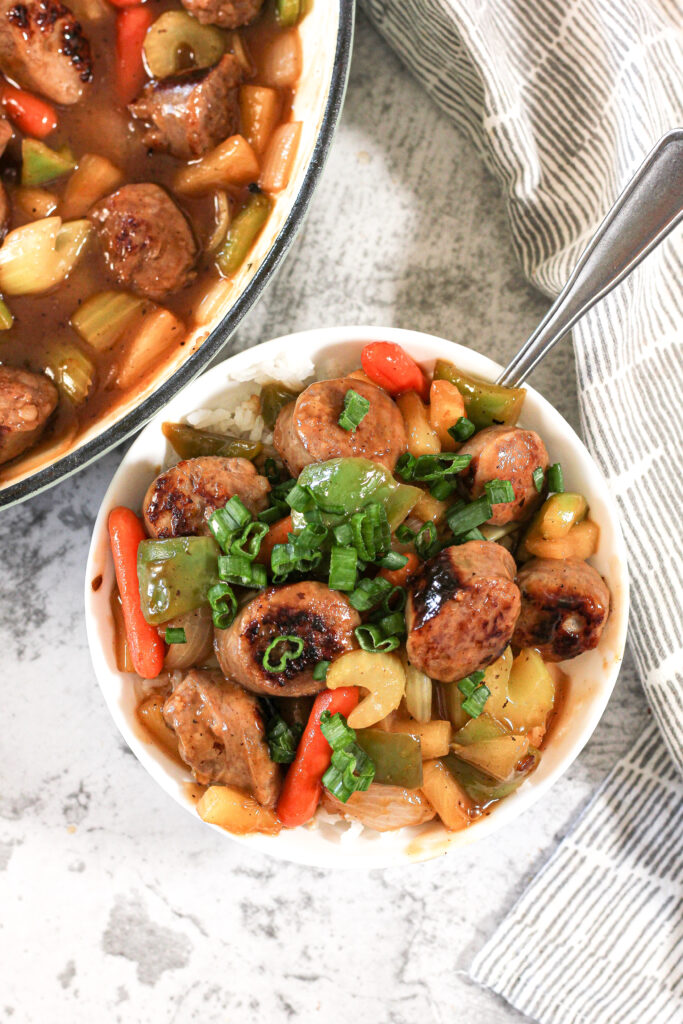 bowl of sausage with veggies