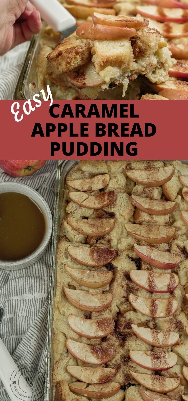Caramel Apple Bread Pudding is a simple breakfast or brunch recipe loaded with apple slices, cinnamon, sugar, milk, cream, eggs and breadcrumbs. Baked just right, so it is like a tasty pudding all drizzled with a simple Caramel Sauce.