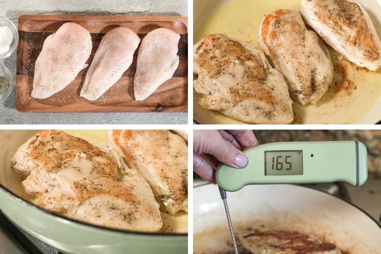 collage of pan cooking chicken