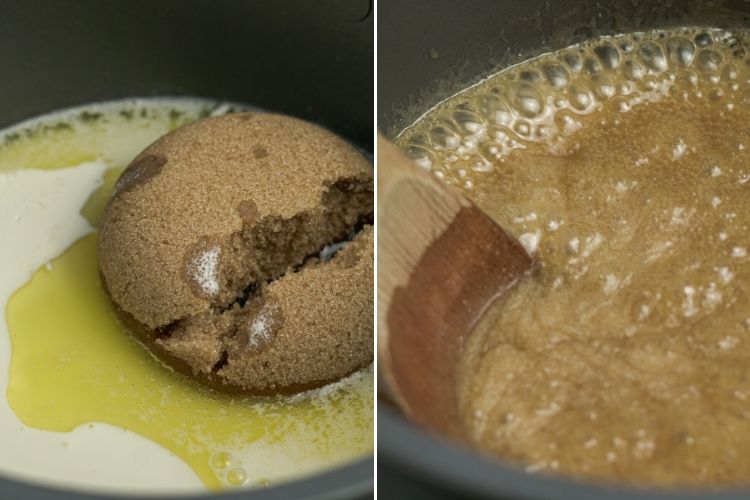 brown sugar, butter and cream in a pan on one side and boiling as caramel sauce on the other side