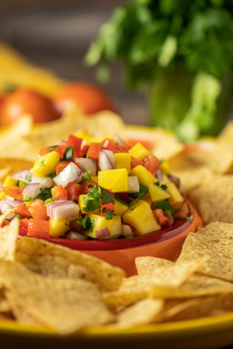 mango salsa surrounded by corn chips
