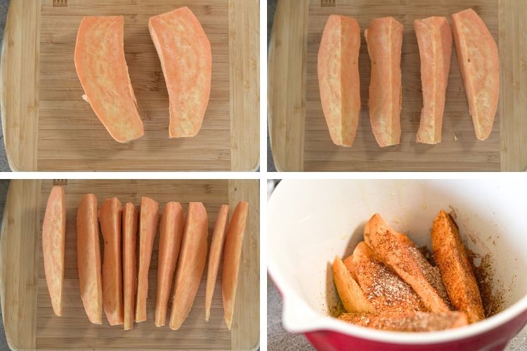 pictures of how to slice a sweet potato into halves, quarters and wedges
