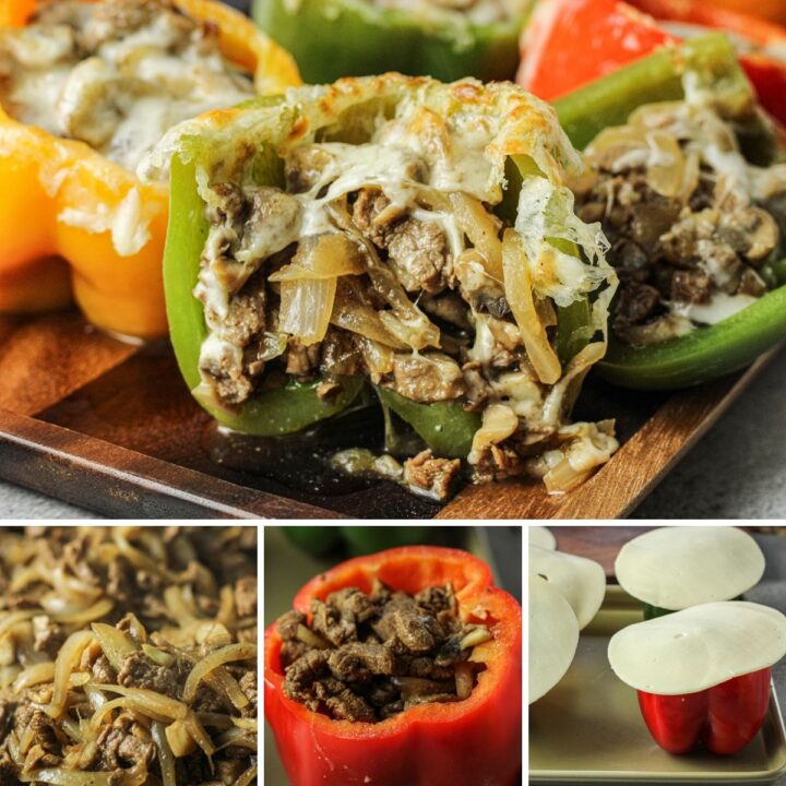 collage of steps to make cheesesteak stuffed peppers