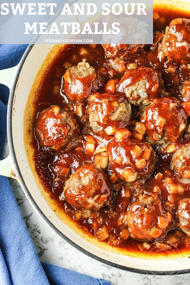 Sweet and sour meatballs are a simple meatball recipe covered in a tangy sauce made from simple ingredients you already have in your pantry. These meatballs make a simple dinner served over rice or a quick appetizer for a get together! sweet and sour meatballs in a pan