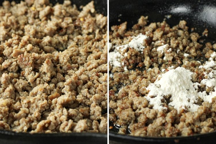 split image of browned sausage and sausage with flour