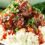 sweet and sour meatballs over rice