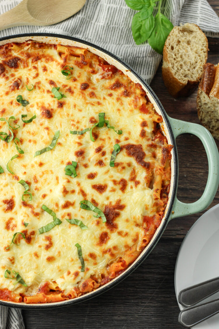 browned cheese on baked ziti