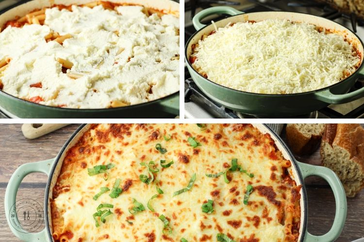 collage of adding cheese to top of ziti