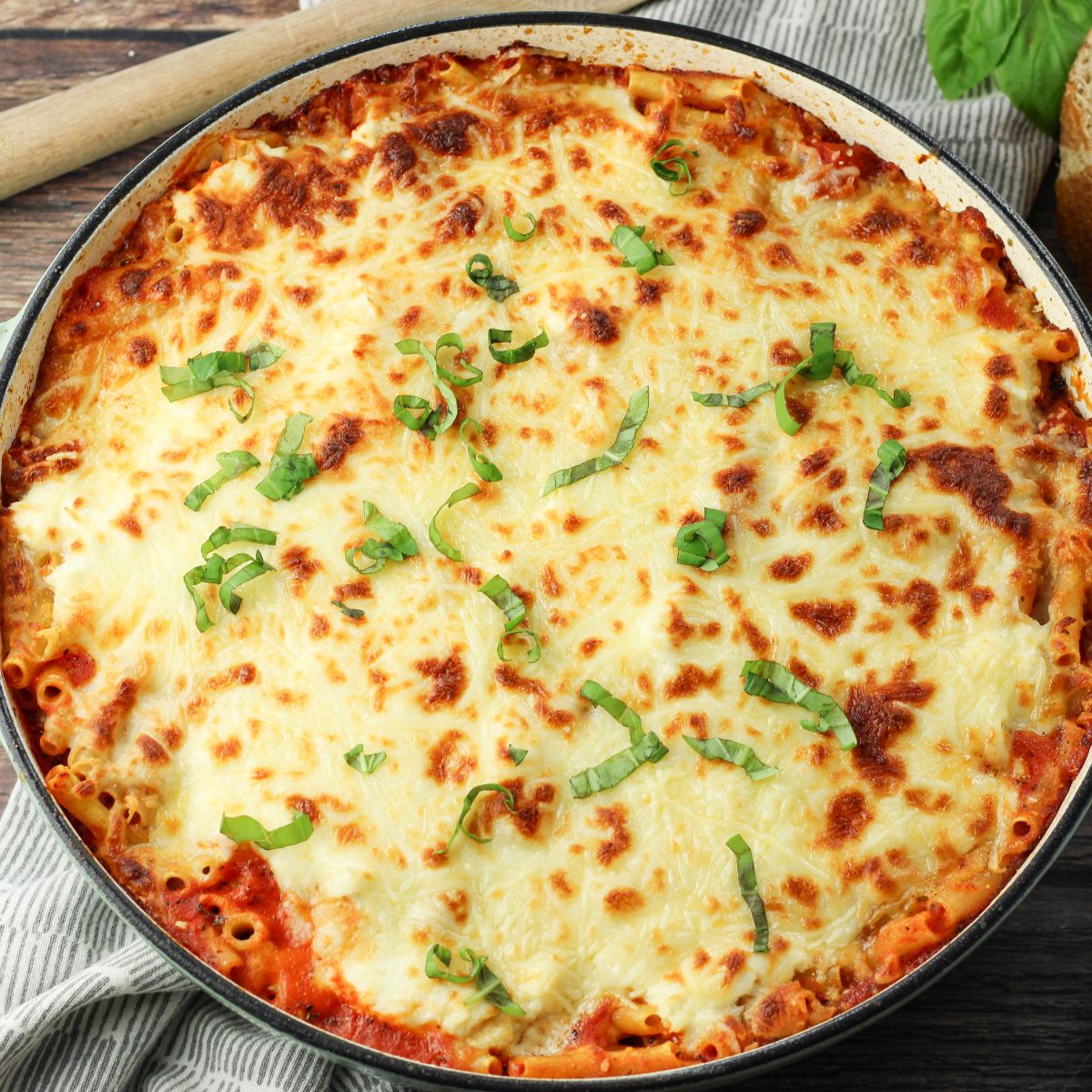 baked ziti pasta topped with cheese