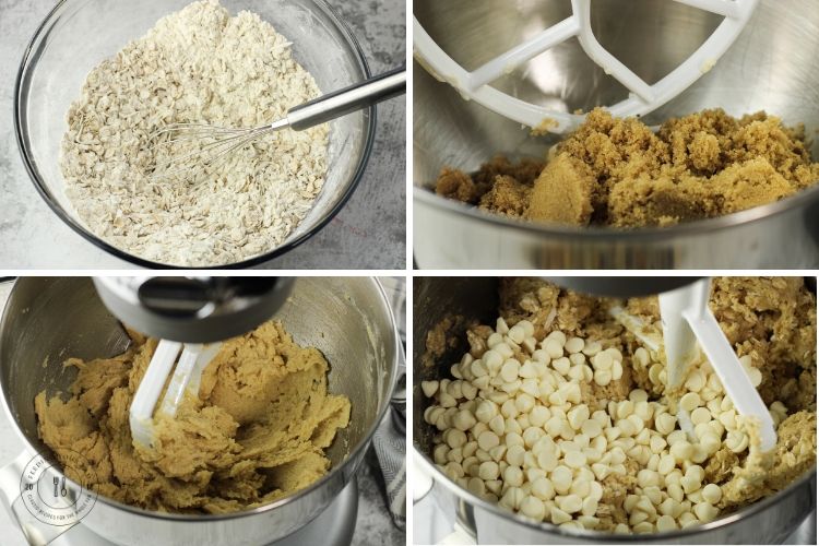 steps to making white chocolate cookies in a collage