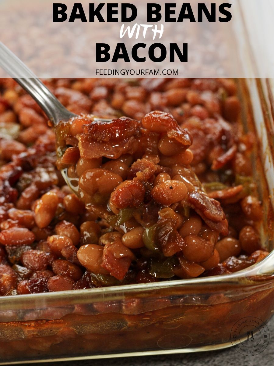 Baked Beans with Bacon is a staple side dish for barbecue, at least it is at our house. This simple recipe with baked beans, brown sugar, bacon, peppers and onions is simple to put together, then bakes to develop all of the delicious flavors. 