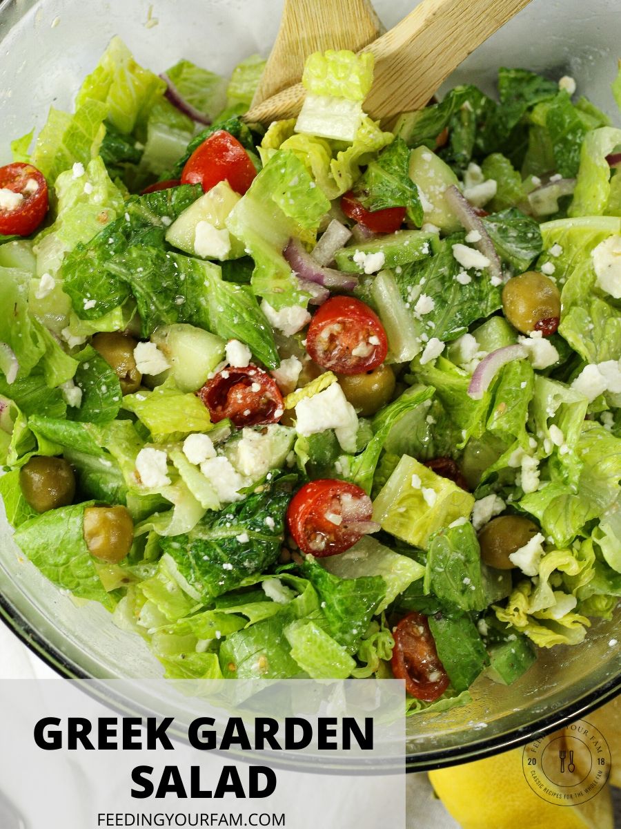 Greek Salad is like a garden in a bowl, loaded with cucumbers, tomatoes, romaine lettuce, red onions and Greek olives with a tangly lemon salad dressing. toss greek garden salad in a glass bowl