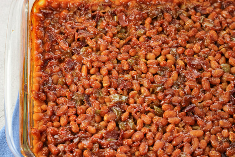 baked beans with bacon recipe in a glass baking dish