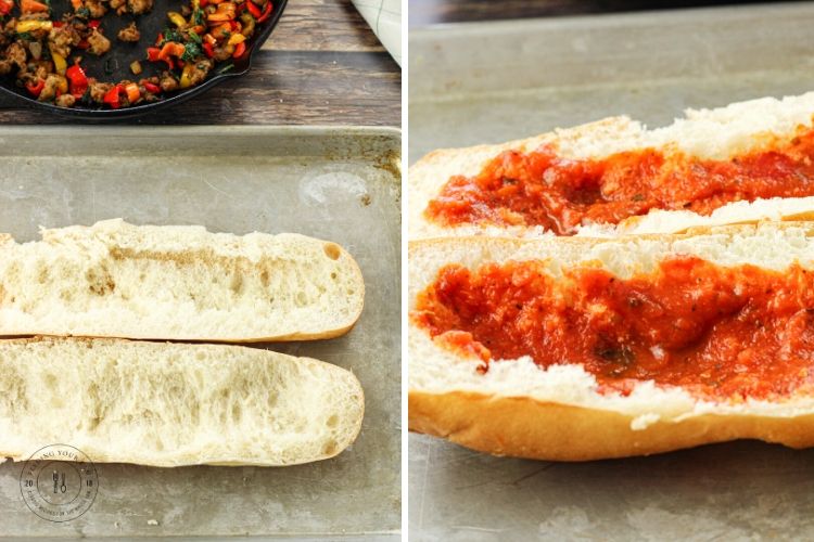 split image of hallowed out french bread on one side and layer of sauce in french bread on the other side