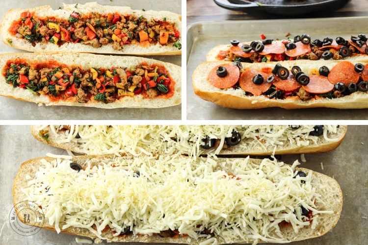 3 image collage of french bread stuffed with sausage and peppers, pepperoni and topped with cheese