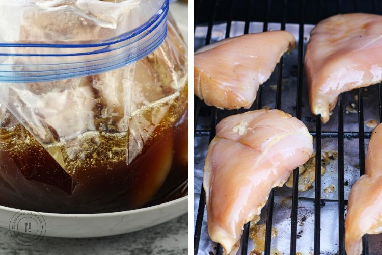 one half image is chicken in marinade in a zip top bag and the other half is chicken breasts on a grill