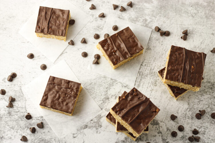 rice krispies with peanut butter squares with scattered chocolate chips