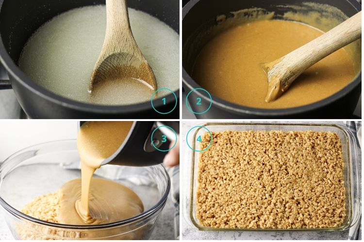 collage of steps to make pb rice krispies