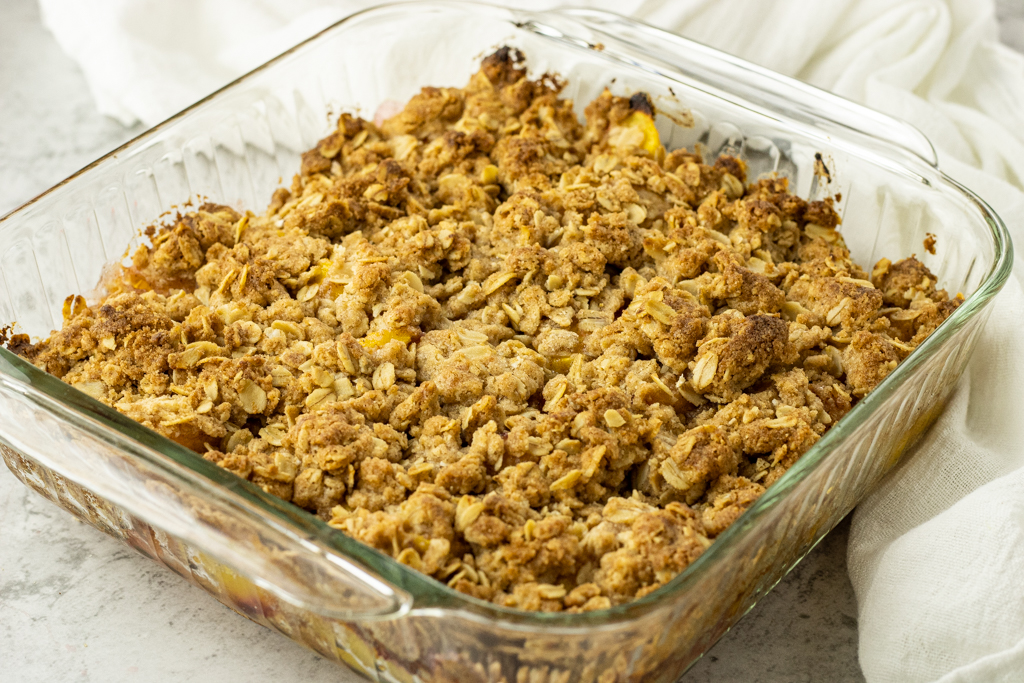 pan of peach crisp