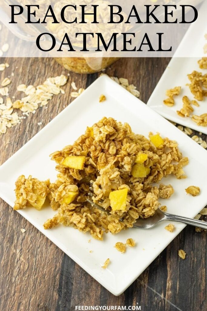 white plate of baked oatmeal with peaches
