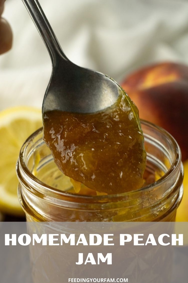 This Peach Jam Recipe is so simple and only takes 3 ingredients. This small batch of peach jam is one of our favorite ways to enjoy fresh summer peaches. spoonful of peach jam