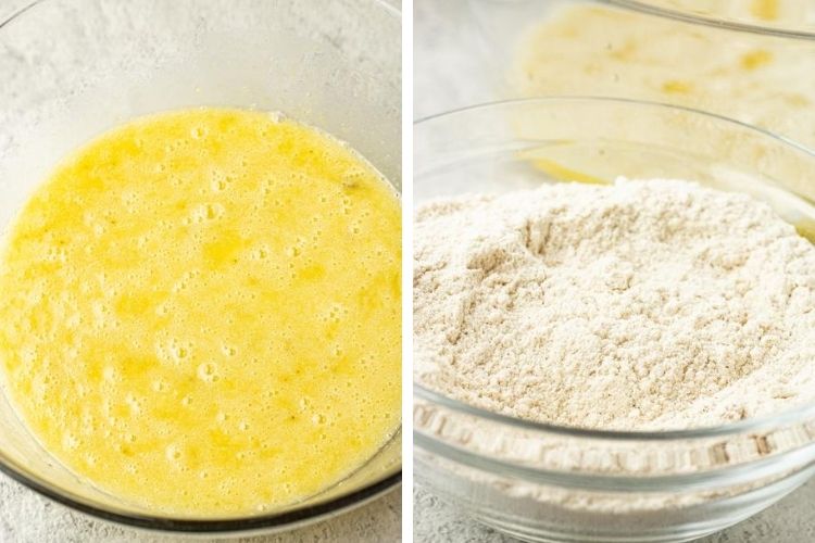 side by side image of banana bread liquids mixed and dry ingredients in bowls