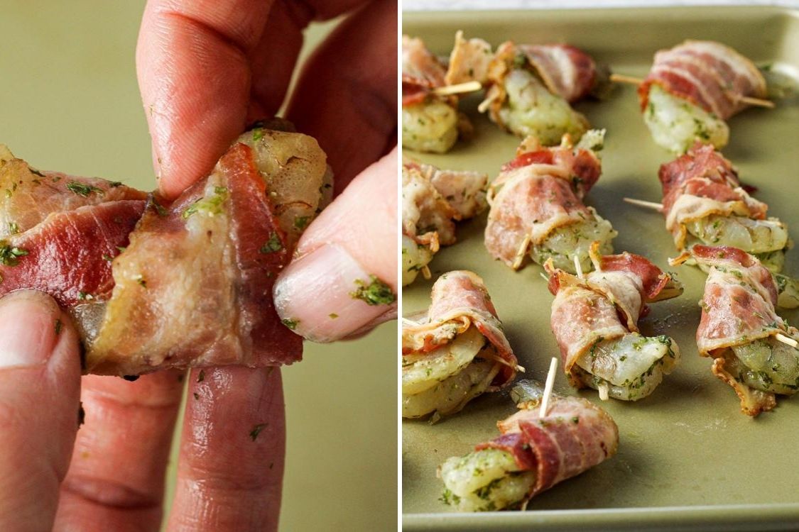 spilt image of wrapping bacon around shrimp and shrimp on a baking sheet
