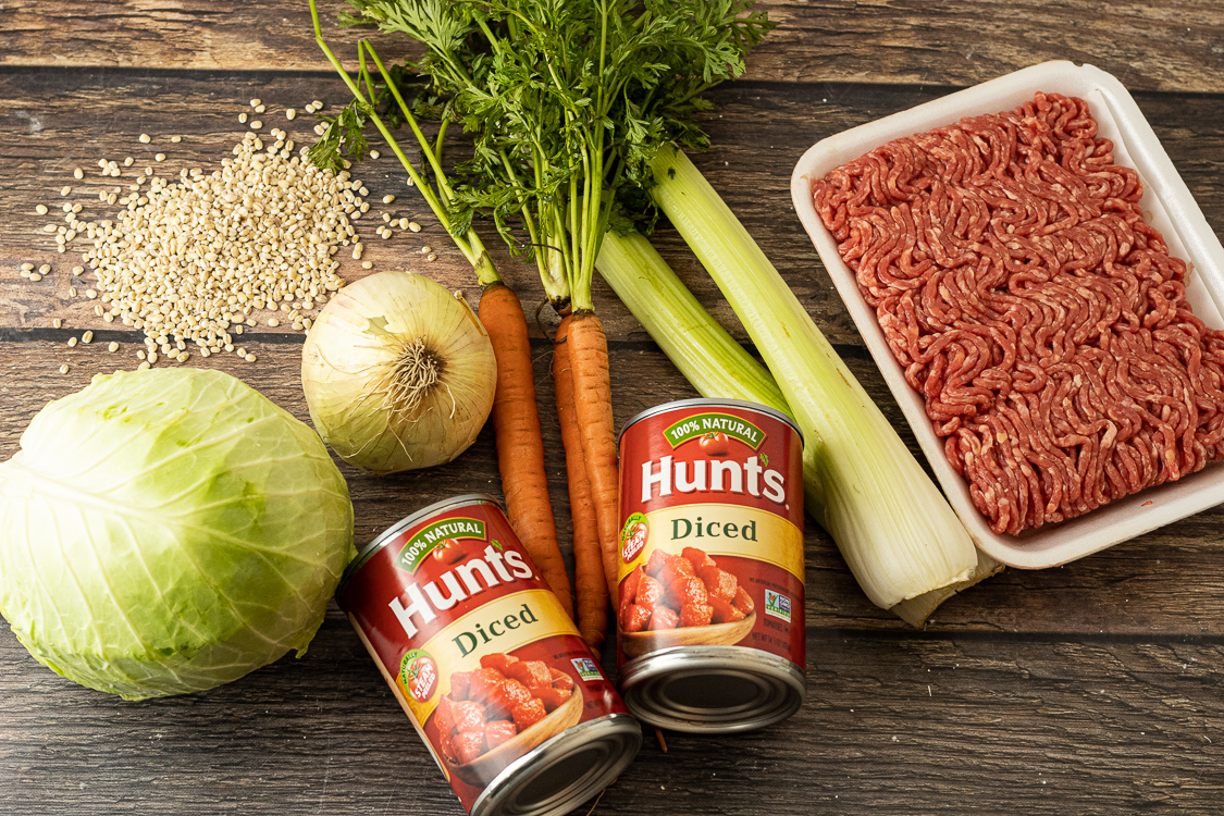 Ingredients for beef and barley soup recipe. Onion, cabbage, carrots, celery, canned tomatoes and ground beef