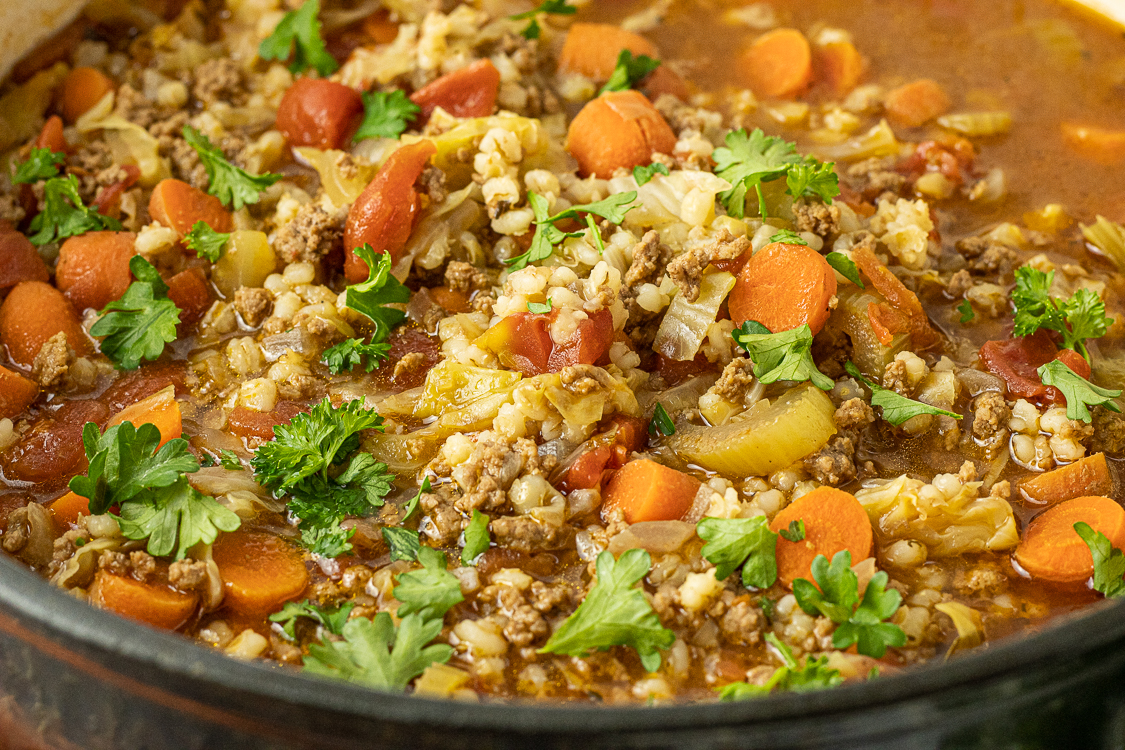 soup with barley beef and vegetables