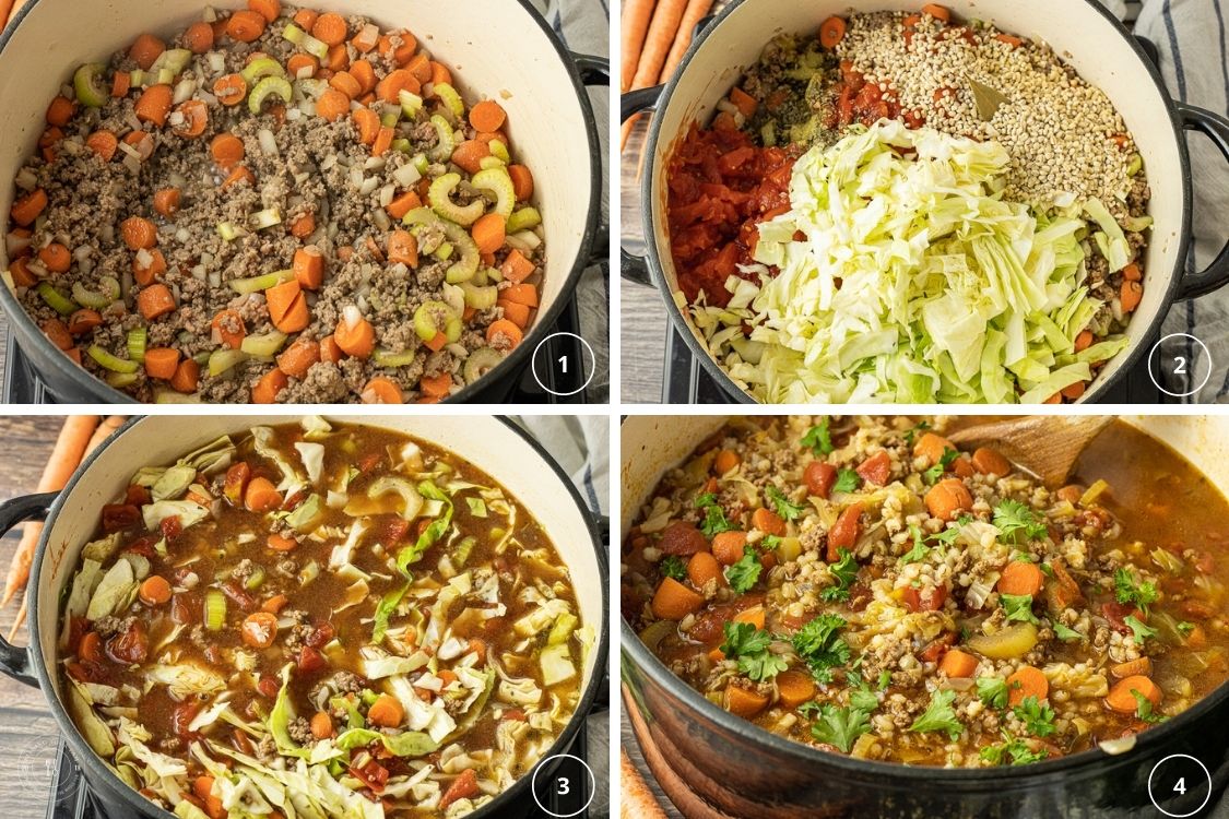 collage of steps to make barley soup with beef