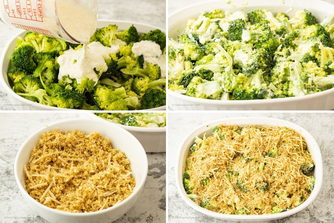 collage of steps to make broccoli casserole