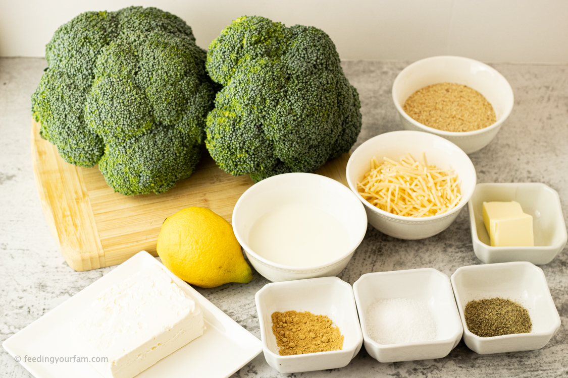 ingredients for broccoli casserole, broccoli, milk, cream cheese, bread crumbs, milk and lemon
