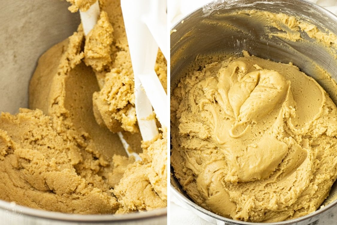 split image of mixing cookie dough and mixed cookie dough in a mixing bowl