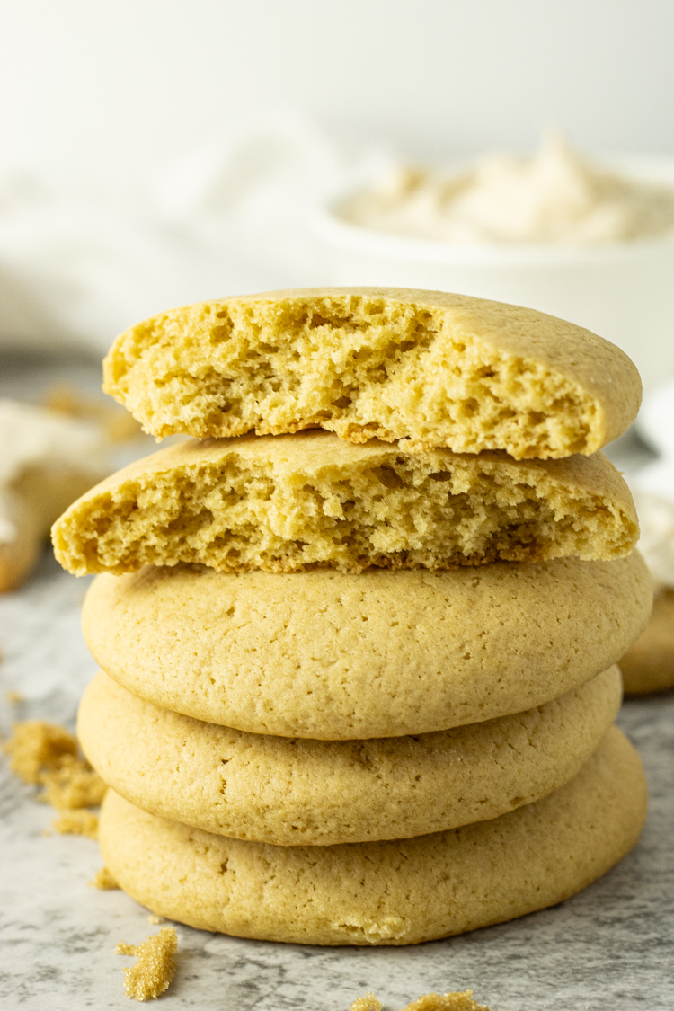 stacked brown sugar cookies with the top cookie split in halves