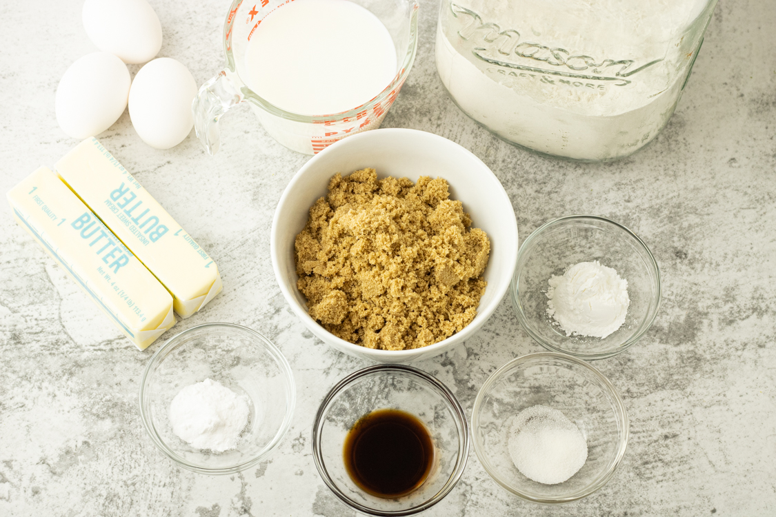 ingredients for brown sugar cookie recipe in small bowls