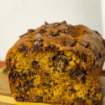 pumpkin chocolate chip bread sliced in half