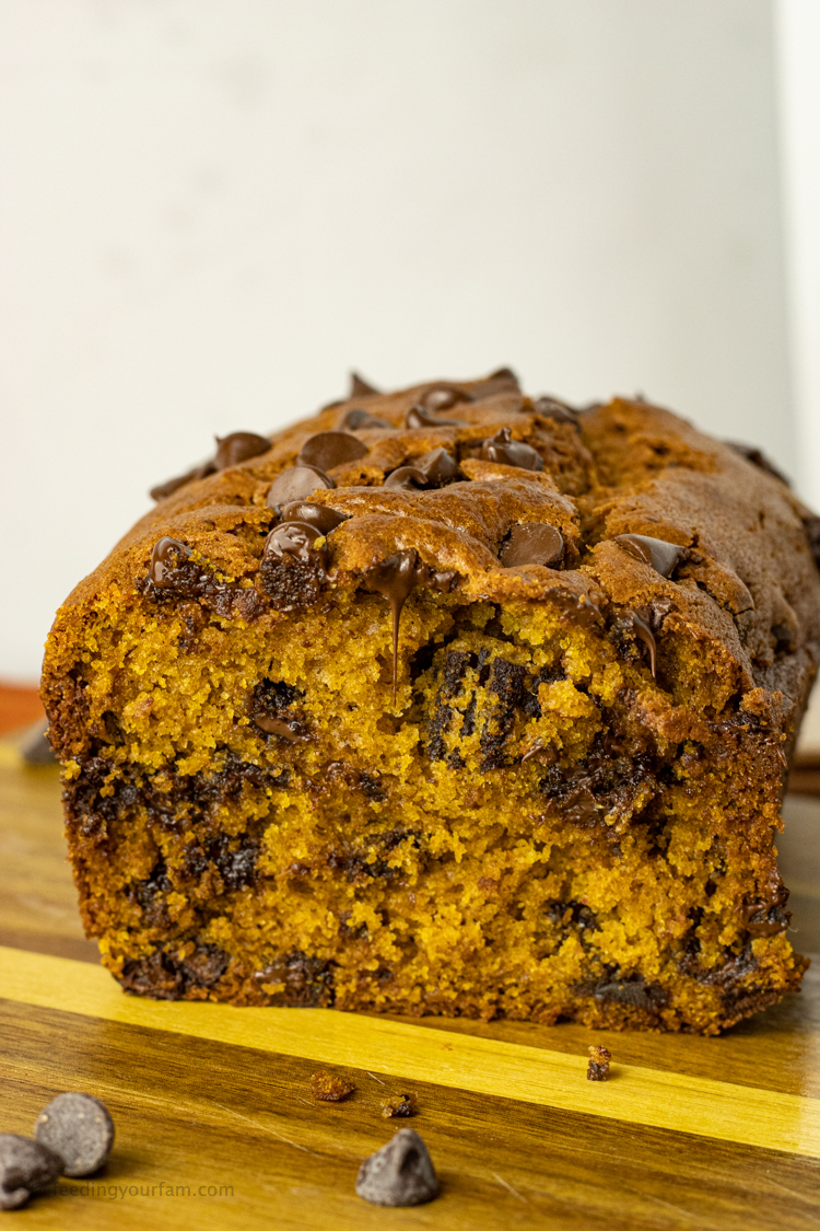 pumpkin chocolate chip bread sliced in half