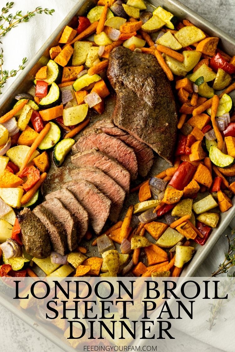 This London Broil Sheet Pan dinner is a meal all on one pan. The London Broil is seared and then cooked in the oven alongside a colorful array of vegetables. The roasted vegetables are perfectly seasoned and cooked to tender on the inside, crisp on the outside. Easy meal that looks like it took all day! #feedingyourfam #dinnerideas #easydinner #familymeals