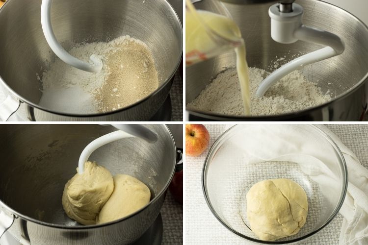 collage of steps to make dough for bread