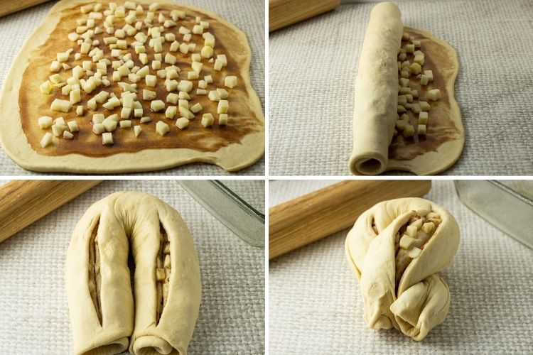 collage of spreading apples on dough, rolling dough, folding and twisting dough