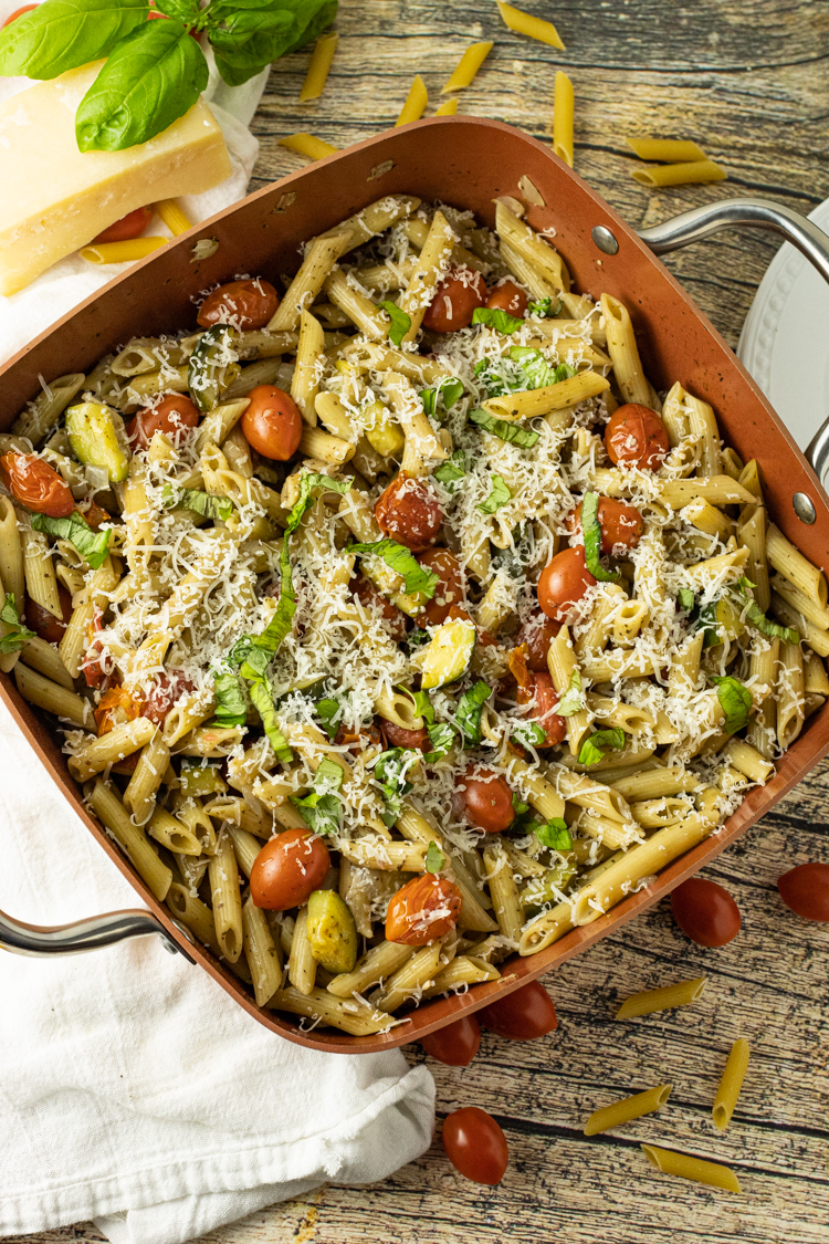 one pot bursting tomato pasta in a copper pan