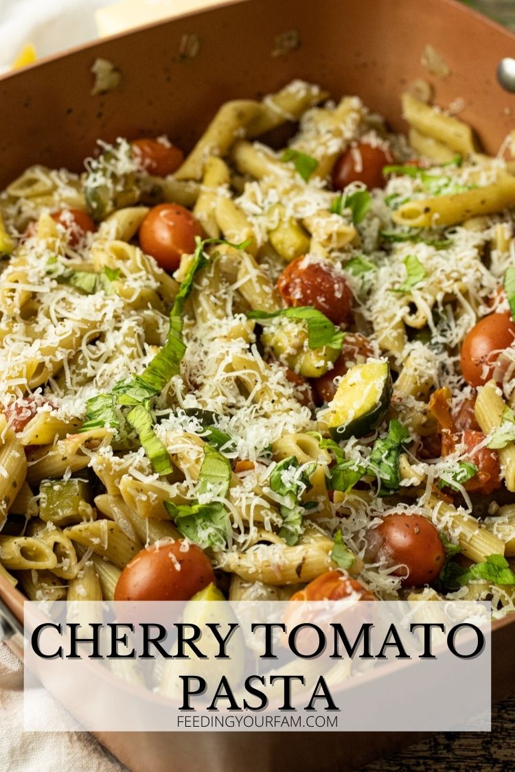 pan of pasta with cherry tomatoes