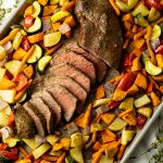 sliced steak surrounded by roasted vegetables on a sheet pan