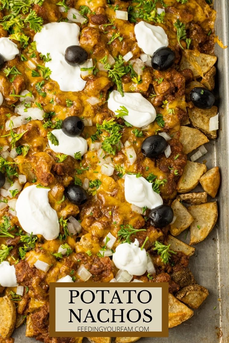 big sheet pan of nachos made from potatoes