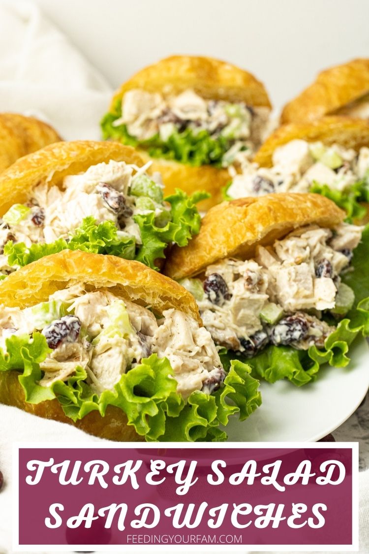 plate of turkey salad sandwiches on croissants