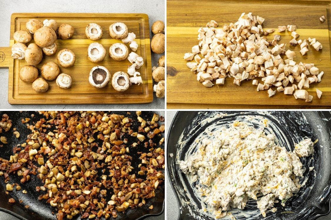 collage of steps to make filling for mushrooms