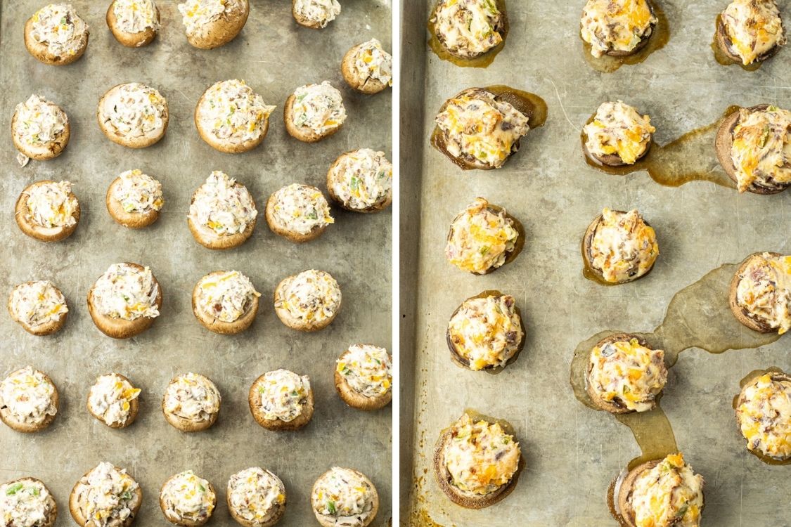 side by side collage of cooked and uncooked mushrooms stuffed with cream cheese