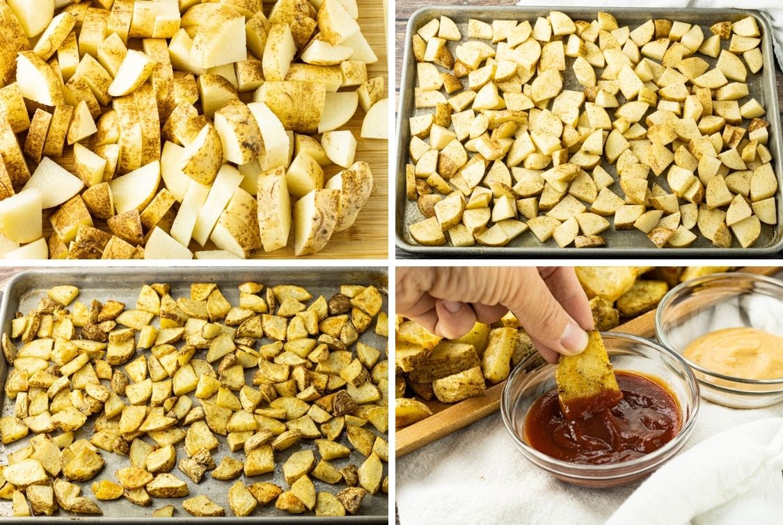 collage of steps to make sliced baked potato pieces