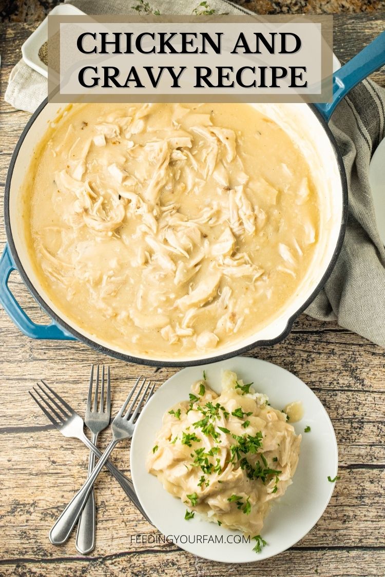 This Chicken and Gravy Recipe is pure comfort food. Chicken and Gravy is surprisingly easy to make and uses ingredients you most likely already have in your pantry. Pour this chicken gravy over a big pile of warm mashed potatoes and you will be in heaven. #chicken #chickenrecipes #easydinner #dinnerideas #dinner #chickengravy #gravyrecipe 